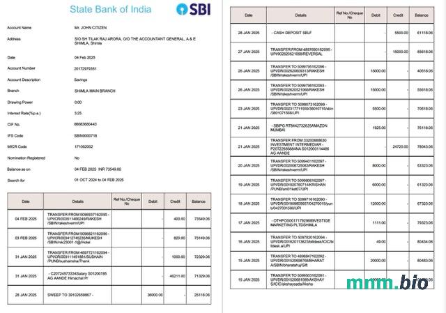 Wyciąg bankowy India State Bank Of India (SBI) 2 strony